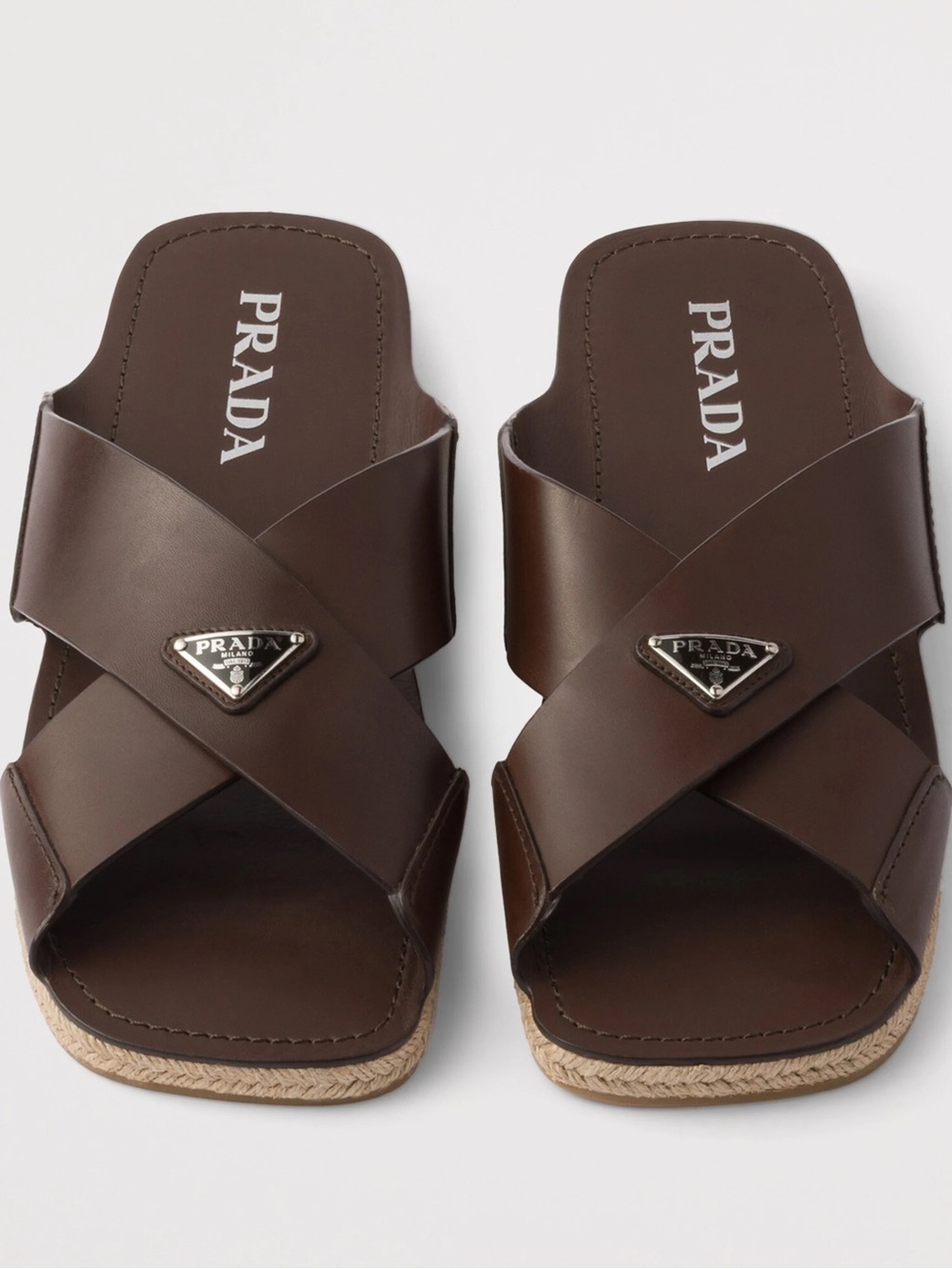 Prada Brown Leather Crisscross Slide Sandals with Triangle Logo